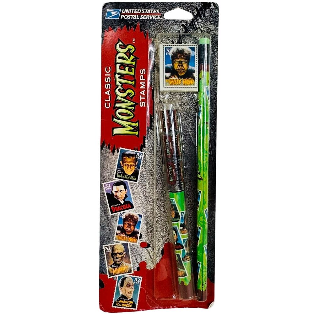 USPS Classic Movie Monster Wolfman  Pen,‎ Pencil, Eraser Set, Stamps 1997